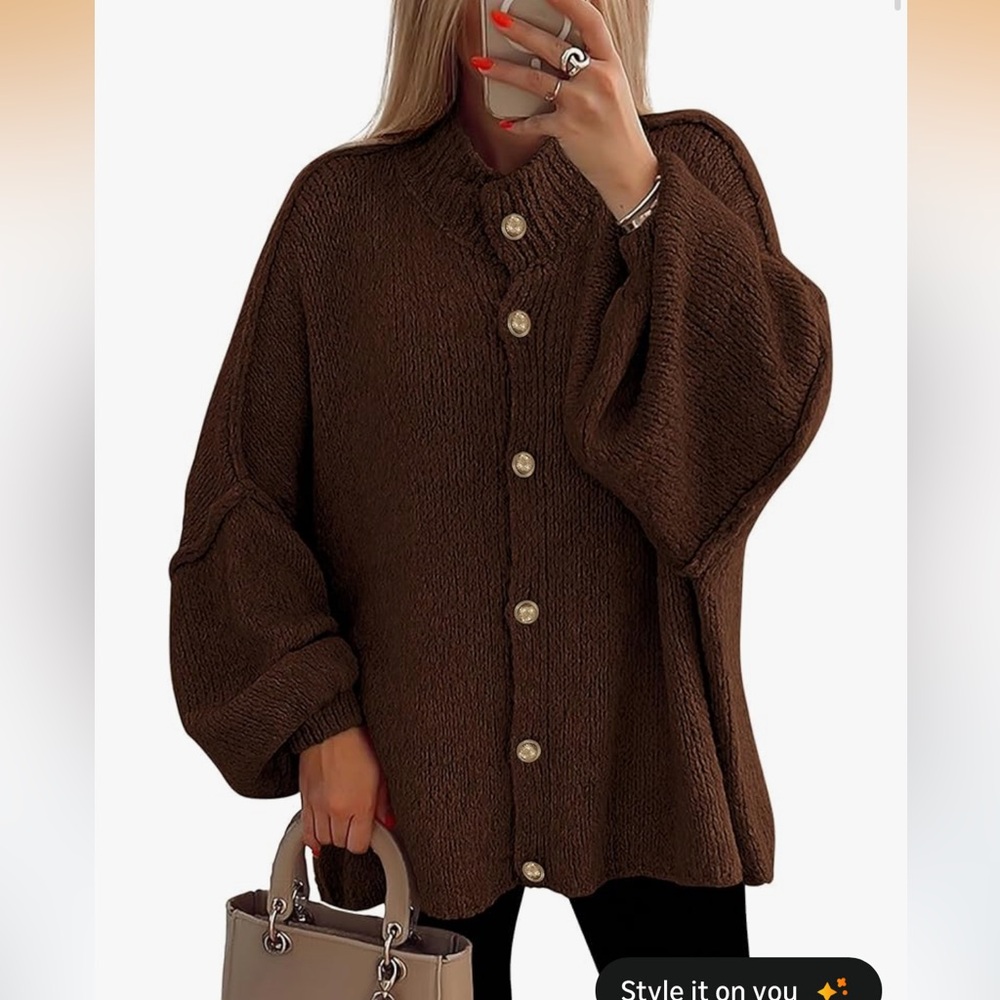 Winter Button Down Cardigan Sweater Mock Neck Lantern Long Sleeve